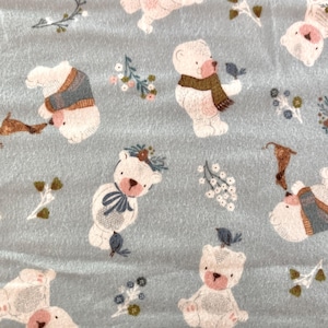 White Bear on Blue Flannel Fabric | Cute Bear Fabric | Forest Animal Cotton Fabric | Bear Flannel Fabric | White Bear Fabric | By-The-Yard