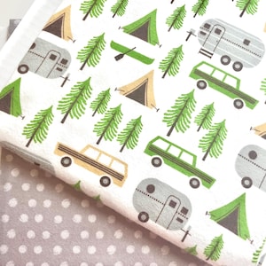 Vintage Camper Flannel Fabric | Retro Camper Flannel Fabric |  Flannel with Tents | Boy Gray Flannel Fabric | Bundle Set of One Yard Each
