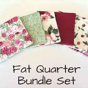 Floral Fat Quarters | Rose Floral Fabric | Green Fat Quarter | Green Fat Quarters | Burgandy Rose Fat Quarters | Fabric Bundle Set