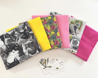 Cat Fabric Fat Quarters: Pink, Yellow, & Floral Cotton Quilting Set