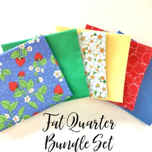 Strawberry Fat Quarters | Strawberry Fabric | Floral Fat Quarters | Yellow Fabric | Cotton Fabric | Spring FQ | Red Fabric |  Set of 6