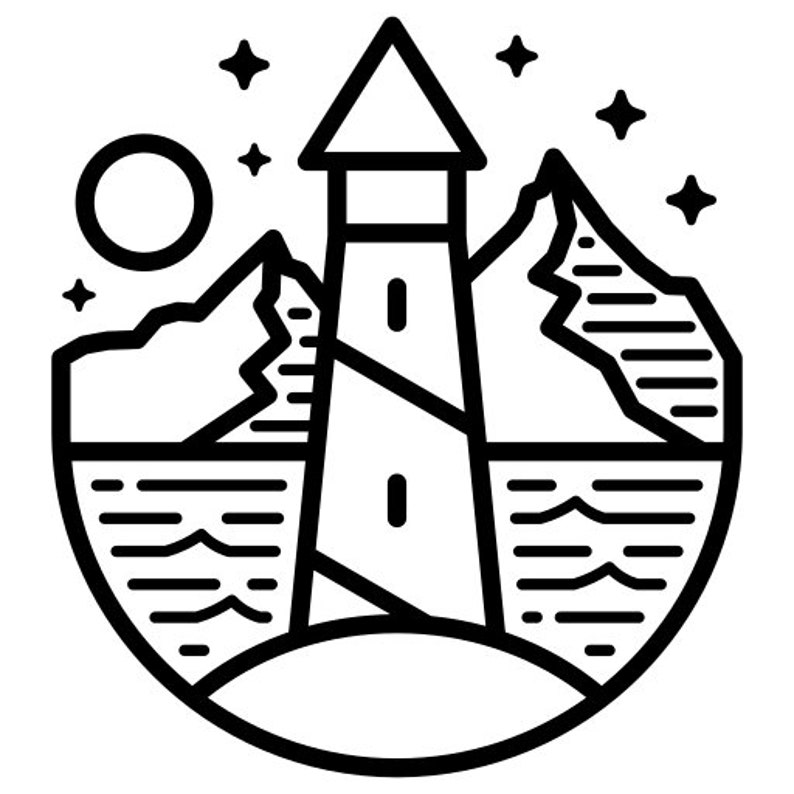 May include: A black and white line art illustration of a lighthouse on a small island with mountains in the background. The lighthouse has a tall, narrow tower with a small roof and a window. The mountains are jagged and have a textured surface. The sky is filled with stars.
