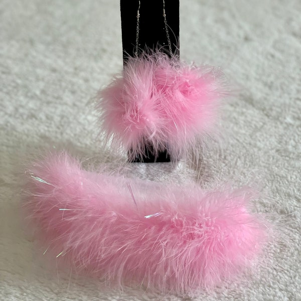 Iridescent Pink Fluff Earrings and Garter Set - RAVEARZ - Accessories, Fluffy, Festival, Outfit, Dangle, Feather