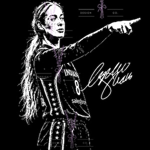 May include: A black and white graphic illustration of a basketball player wearing a jersey with the number 8 and the text Salesforce, pointing with one arm. The design includes lavender sprig accents and the text Design Co. and a signature.