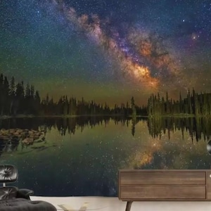 Könnte beinhalten: Ein Wandteppich, der eine Nachthimmel-Szene mit einem See und Bäumen zeigt. Die Milchstraße ist am Himmel sichtbar, mit einer Spiegelung im Wasser. Die Farbpalette umfasst Blau-, Grün- und Orangetöne.