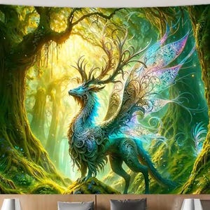 Tapiz de ciervo alado, motivos animales mágicos, fantasía majestuosa, místico, Peryton, estilo cottagecore, bosque, ciervo, decoración infantil para colgar en la pared, arte psicodélico