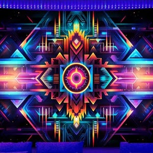Op de afbeelding: Een rechthoekig wandkleed met een symmetrisch, neonkleurig geometrisch patroon. Het ontwerp centreert zich rond een gloeiend cirkelvormig embleem omringd door ingewikkelde, hoekige lijnen en vormen in levendige tinten blauw, paars, oranje en geel.