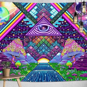 May include: A vibrant tapestry featuring a psychedelic design with a central eye within a triangle, surrounded by colorful geometric patterns, mushrooms, and a cosmic landscape. The color palette includes purple, pink, green, and yellow.