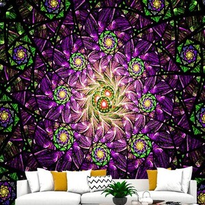 May include: A vibrant, abstract wall mural featuring a symmetrical design with a kaleidoscope of colors. The artwork showcases a central spiral pattern in shades of purple, green, and yellow, surrounded by geometric shapes. The overall effect is a mesmerizing display of color and form.