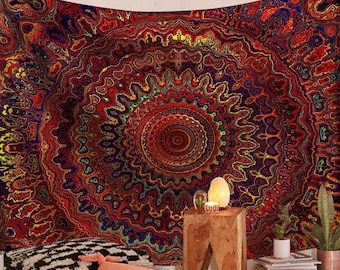 May include: A large, vibrant tapestry with a mandala design. The tapestry features a complex pattern in shades of red, orange, yellow, and blue. The central design is a circular pattern with intricate details, creating a psychedelic and bohemian aesthetic.
