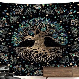 May include: Black tapestry featuring a golden tree of life design with intricate roots, branches, and leaves in shades of blue and green. The background is adorned with gold and teal floral patterns and dots, creating a mystical and decorative wall hanging.