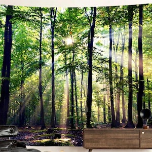 Schilderachtig boslandschap wandtapijt Zonnig bos Boho Natuurschoonheid Bos Lichtstraal Schijn Groene boom Vreedzame wandkunst Aarde Decor Wildernis
