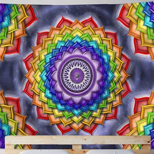 May include: A rectangular wall tapestry featuring a repeating pattern of large, multi-layered lotus flower mandalas. Each mandala displays a vibrant rainbow color spectrum, transitioning from red and orange to yellow, green, blue, and purple.