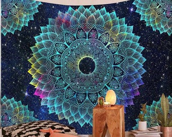Mandala Wall Hangings Golden Flower Blue Flower Dreamcatcher Red Peacock Bohemian Lotus Pattern Indian Blue Green Colorful Green Tapestry