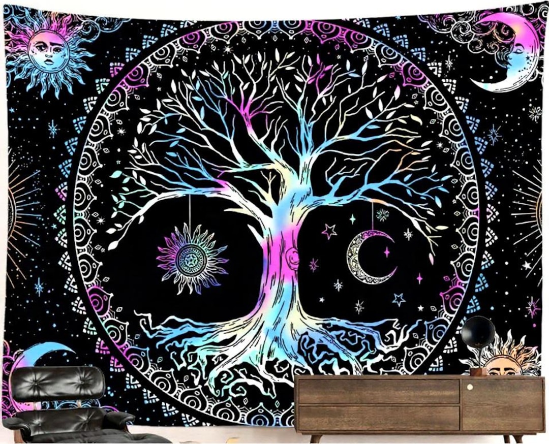 Trippy Tree of Life Tapestry Colorful Black White Sun Moon Psychedelic ...