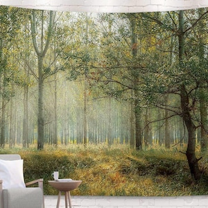 May include: A large rectangular wall tapestry featuring a high-resolution photographic print of a dense forest with tall trees, green foliage, and golden undergrowth. The scene depicts a sunlit woodland landscape with soft light filtering through.