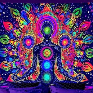 May include: A rectangular wall tapestry featuring a neon-colored illustration of a figure in a seated meditation pose. The design includes vibrant, glowing circular chakra points along the spine and a large, intricate mandala pattern in the background.