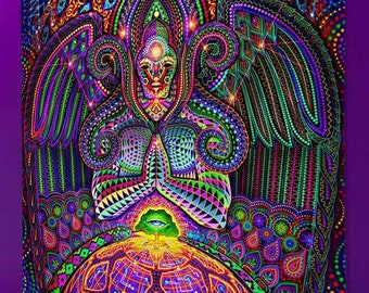 UV wall towels trippy psychedelic mushrooms fractal owl elephant yoga planet UV light black light fluorescent UV tapestry UV tapestry