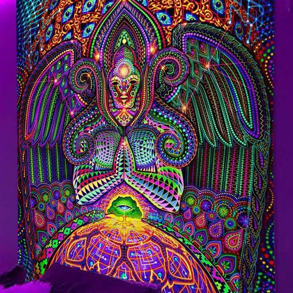 UV wall towels trippy psychedelic mushrooms fractal owl elephant yoga planet UV light black light fluorescent UV tapestry UV tapestry