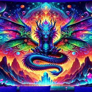 Psychedelic Dragon Tapestry UV Blacklight Trippy Shamanic Art Cosmic Entity Mountains Lake Scenic Wall Hanging Boho Hippie Room Decor Energy