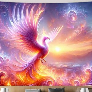 May include: A rectangular wall tapestry featuring a vibrant phoenix with outstretched wings in shades of pink, purple, orange, and yellow. The bird is centered against a sunset sky over a sea, surrounded by swirling, abstract fractal patterns.