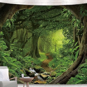 Deep Woods Tapestry Thick Green Jungle Leaves Forest Path Undergrowth Solitude Woodlands Mystic Landscape Ambient Boho Wall Hanging Decor
