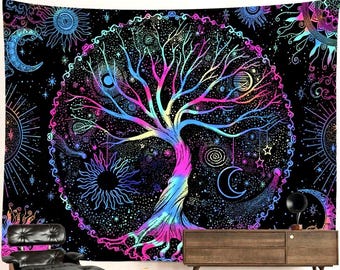 May include: A black tapestry featuring a vibrant, colorful tree of life design. The tree is surrounded by a circular border with celestial elements like the sun, moon, and stars. The artwork uses a rainbow color palette.