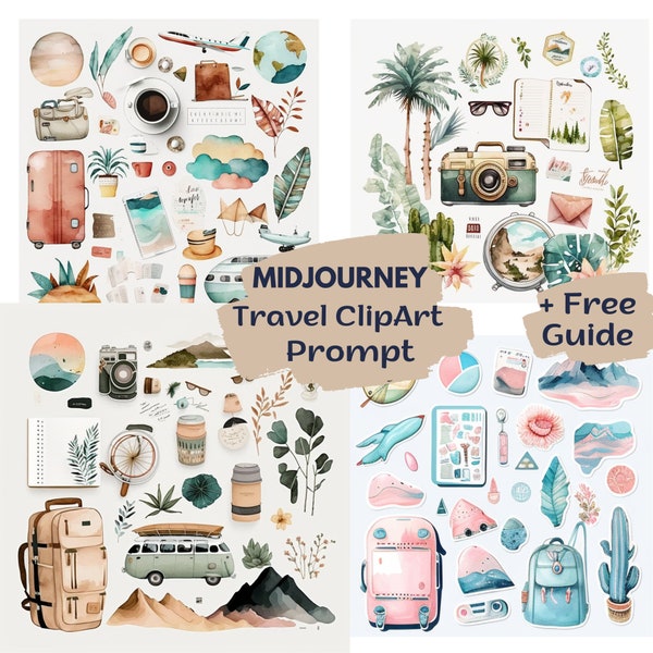 Midjourney Prompt For Travel Clip Art, Generate fun and colourful travel images, Midjourney Guide, Ai clip art, Digital Clip Art, Ai Prompts