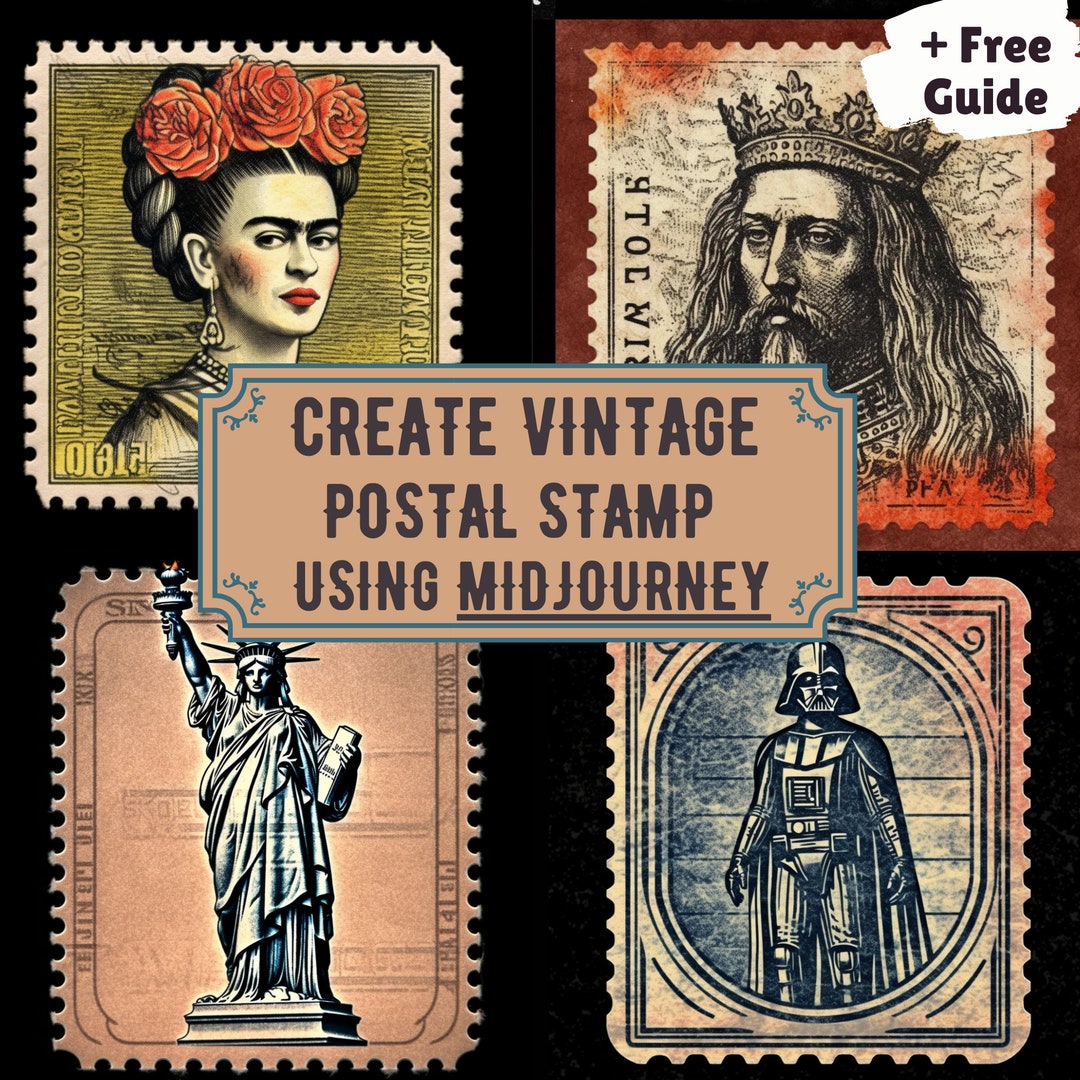 Ai Generated Vintage Stamps, Midjourney Prompt for Postal Stamp, Midjourney Guide, Vintage