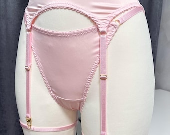 Pink Garter Belt: Babydoll Satin Bra and High Waist Thong, Gift for Wife