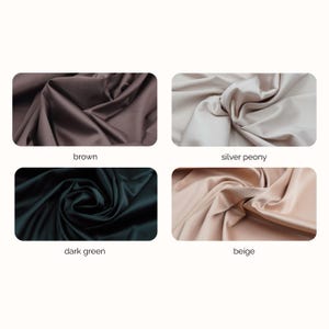 May include: Four swatches of smooth, lustrous fabric arranged in a grid. The top left is brown, the top right is silver peony, the bottom left is dark green, and the bottom right is beige. Each swatch is labelled with its respective colour name.