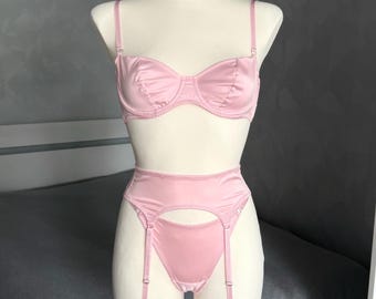 Satin Lingerie Set:Garter Belt, Bra and High Waist Thong, Gift for Wife