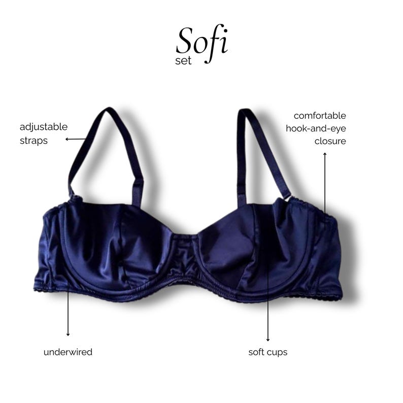 May include: A dark blue underwired bra from the Sofi set featuring soft cups, adjustable straps, and a hook-and-eye closure. The text Sofi set is displayed above the bra, with labels pointing to the adjustable straps, underwired base, soft cups, and hook-and-eye closure.