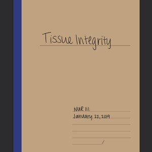 Puede incluir: Una página de papel marrón con el título "Tissue Integrity" escrito en tinta negra. La página también incluye el texto "NUR 111" y "January 22, 2019" escrito en tinta negra.