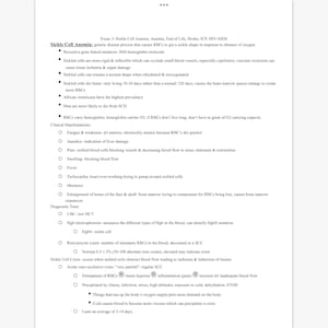May include: A page of notes about sickle cell anemia, a genetic disease that causes red blood cells to become sickle-shaped in response to a lack of oxygen. The notes discuss the symptoms, causes, and treatments of the disease.