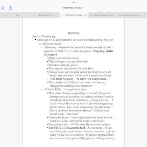 May include: A page of notes on cardiac monitoring and telemetry. The notes explain the difference between EKG and telemetry, how to apply telemetry leads, and the importance of the EKG as a diagnostic tool.