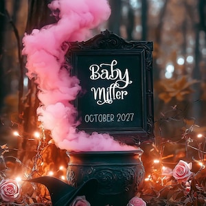 Annonce numérique c&#39;est une fille Halloween Gender Reveal Girl Reveal Social Media modèle grossesse fantasmagorique chaudron rose fumée post