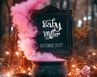 May include: A black framed sign with the words "Baby Miller OCTOBER 2027" is surrounded by pink smoke rising from a cauldron. A witch's hat and pink roses are at the base of the cauldron, with fairy lights in the background.