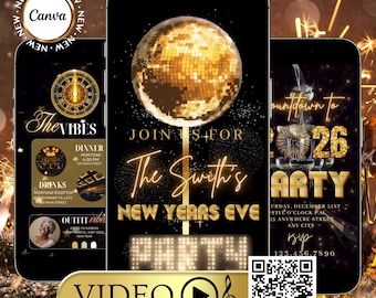 May include: Three smartphones displaying New Year's Eve party invitations. The invitations feature gold and black designs with a disco ball, fireworks, and the text "Join us for The Smith's New Years Eve Party". A video button is at the bottom.