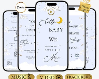 Over the Moon Baby Shower Invitation Website, Animated Editable Evite with RSVP, Gender Neutral Stars and Moon mobile evite with music