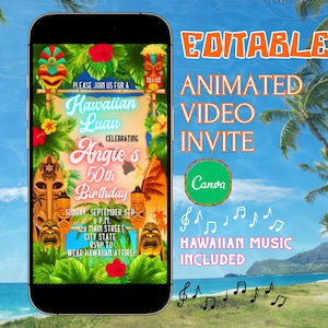 以下が含まれることがあります： アンジーの50歳の誕生日を祝うハワイアン・ルアウの編集可能なアニメーションビデオ招待状。招待状には、ヤシの木、花、ティキ小屋のある熱帯のビーチのシーンが描かれています。招待状のテキストには、日付、時間、場所、RSVP情報が含まれています。招待状には、「ハワイアンミュージック付き」というテキストも含まれています。