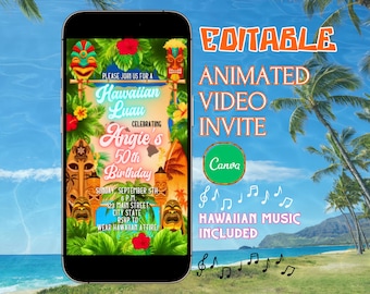 Hawaiian Luau Video Invitation, Tropical Luau Birthday Animated Invite, Editable Beach Party Evite, Canva Template, QR code RSVP tracker