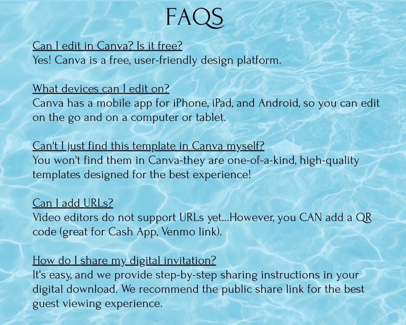 May include: FAQs about Canva, a free design platform.  Learn how to edit designs, find templates, add URLs, and share digital invitations.