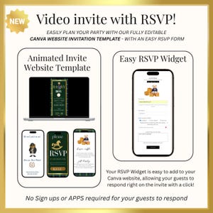 May include: A digital invitation template with RSVP features. The image showcases a laptop and smartphones displaying invitation designs, along with a mobile RSVP widget. Text includes "Video invite with RSVP!" and "Animated Invite Website Template."