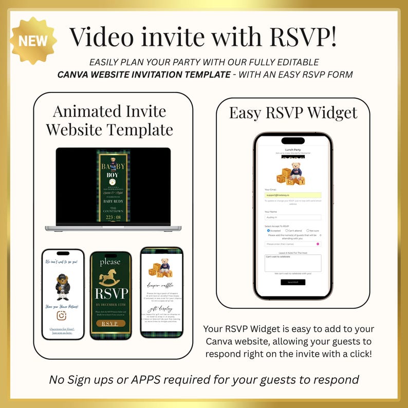 May include: A digital invitation template with RSVP features. The image showcases a laptop and smartphones displaying invitation designs, along with a mobile RSVP widget. Text includes "Video invite with RSVP!" and "Animated Invite Website Template."
