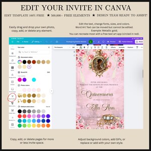 May include: A Canva invitation template with the text "Edit Your Invite in Canva." The image shows a sample invitation with floral and gold accents. The text includes "Edit the text, change fonts, sizes, and colors."