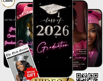 Graduierung Video-Einladung, Klasse von 2026 Ankündigung, animierte Graduierung Party einladen, bearbeitbare Canva Vorlage Digital Grad Mobile Evite