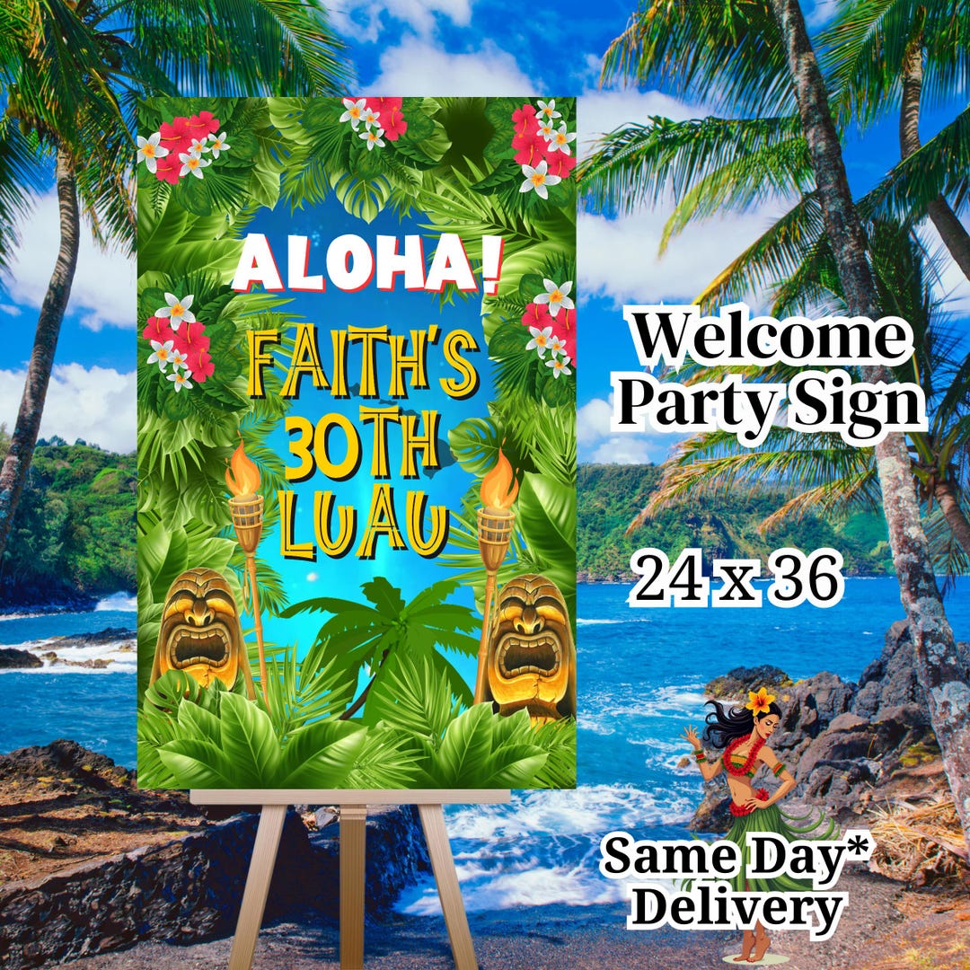 Aloha Welcome Sign Hawaiian Luau Party Signage Tropical Tiki Poster ...