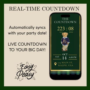May include: A smartphone screen displays a countdown timer with the text "THE COUNTDOWN" and "223:08" days and hours. The screen also shows a bear wearing a sweater, the date "OCT 14, 6:30 PM", and the address "123 MAIN ST, RALPH, USA". The background is green.