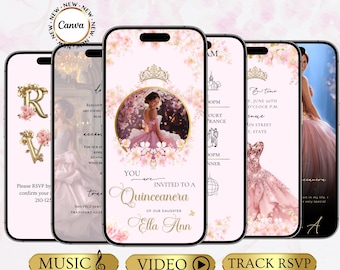 Rosa Quinceañera-videoinbjudan, redigerbar Canva-mall för Sweet 16, mobil inbjudan med musik och OSA, rosa digital inbjudan för tonårsflicka